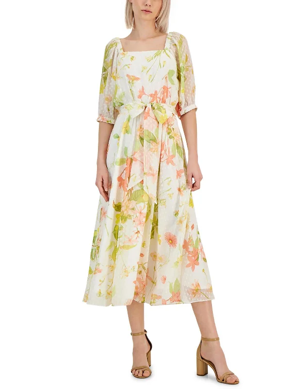 Womens Floral Print Chiffon Midi Dress Fashionable Chiffon Midi Dress