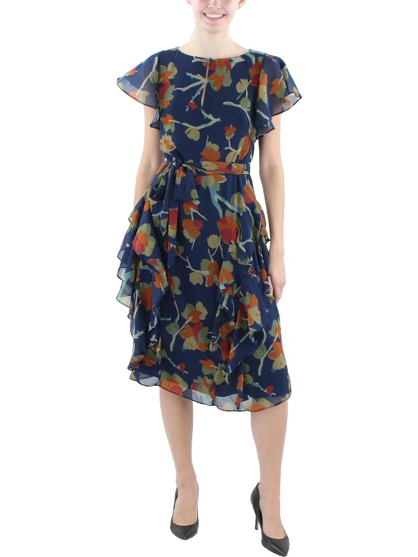 Womens Floral Print Chiffon Midi Dress Trendy Off-Shoulder Button Midi Dress