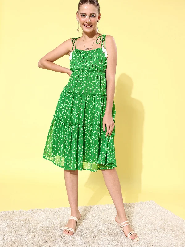 Women's Floral Tier Midi Dress with String Tie Ups- Green - StyleStone Trendy Ruffle Hem Midi Dress