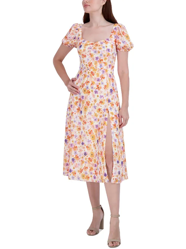 Womens Knee Length Floral Print Midi Dress Elegant Sleeveless Midi Dress