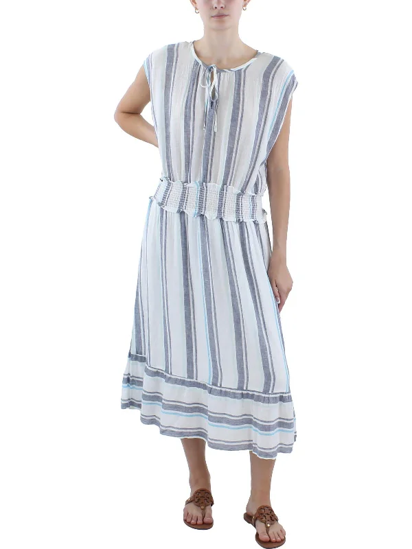 Womens Linen Midi Dress Trendy Smocked Detail Midi Dress