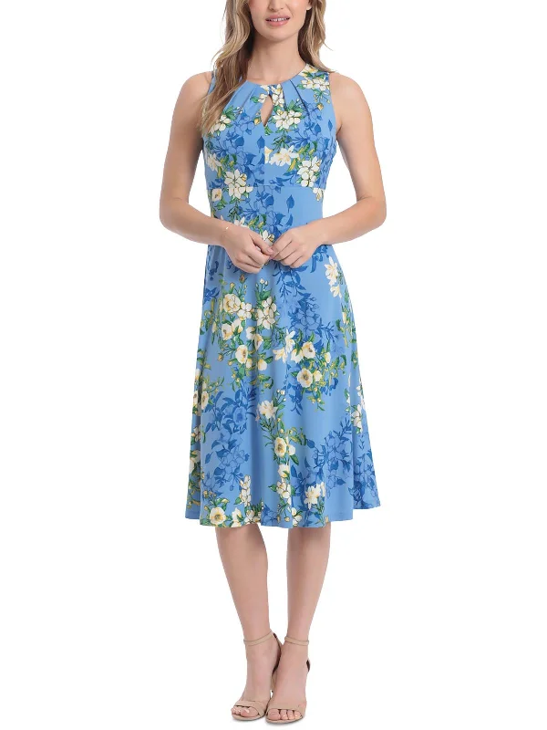 Womens Midi Keyhole Neck Midi Dress Fashionable Floral Embroidery Midi Dress