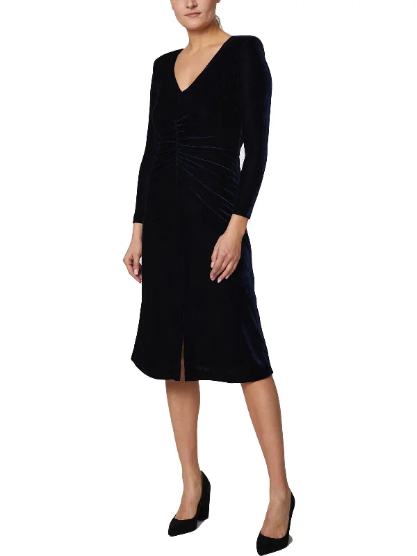 Womens Velvet Ruched Midi Dress Comfortable Fit-and-Flare Midi Dress
