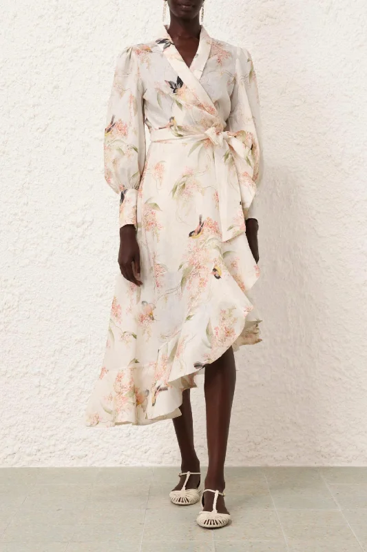 Wrap Midi Dress In Coral Birds Comfortable Floral Print Midi Dress