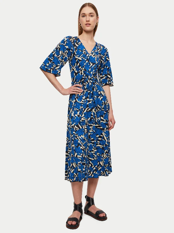 Zebra Floral Jersey Midi Dress | Blue Elegant Satin Midi Dress