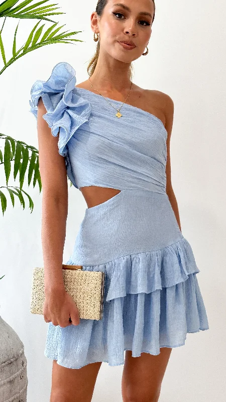 Addo Ruffle Mini Dress - Light Blue Comfortable Zip-Up Mini Dress