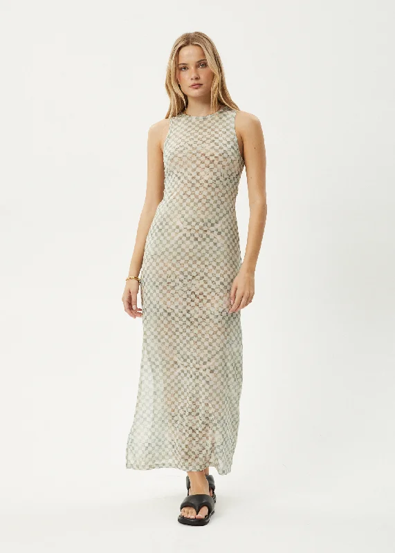 AFENDS Womens Glasshouse - Sheer Maxi Dress - Sand Checker Trendy Floral Print Maxi Dress