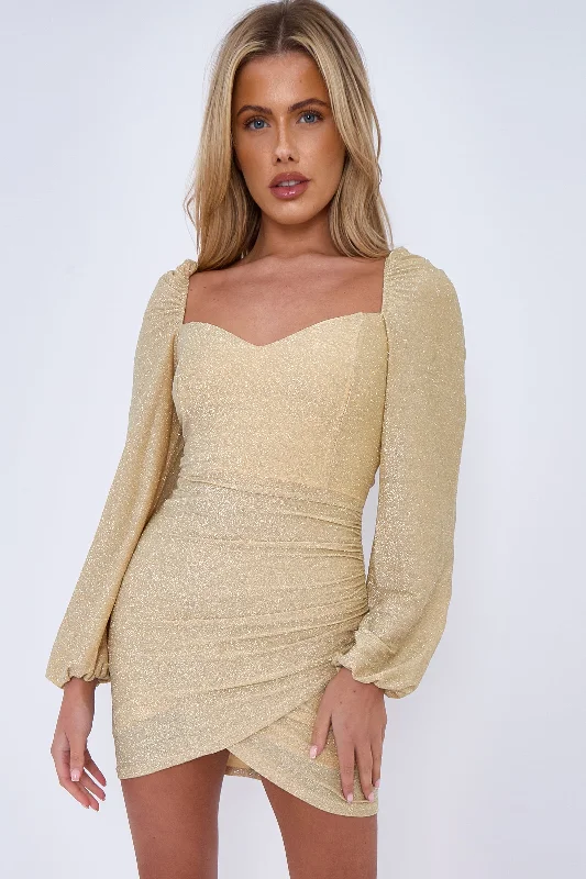 Aftershock London Gold Long Sleeve Mini Dress Cozy Cotton Mini Dress