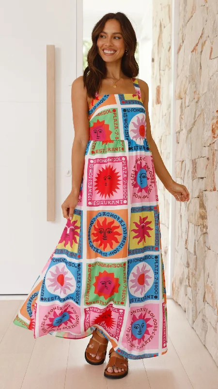 Amira Maxi Dress - Multi Colour Sun Print Stylish One-Shoulder Maxi Dress