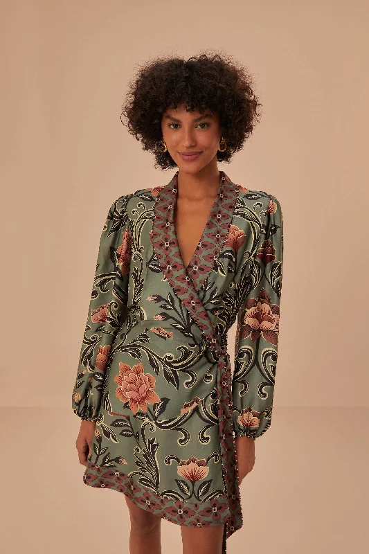 Arabesque Floral Green Long Sleeve Mini Dress Trendy Tulle Mini Dress