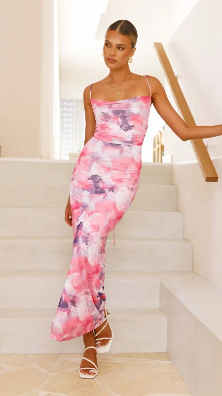 Ashley Maxi Dress - Pink Floral Trendy Fit-and-Flare Maxi Dress