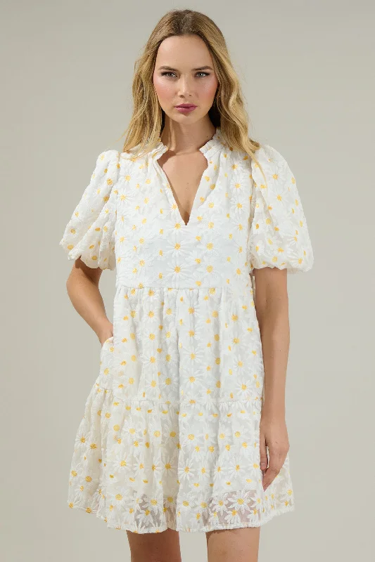 Aster Sunflower Floral Jacey Babydoll Eyelet Mini Dress Stylish Sweetheart Mini Dress