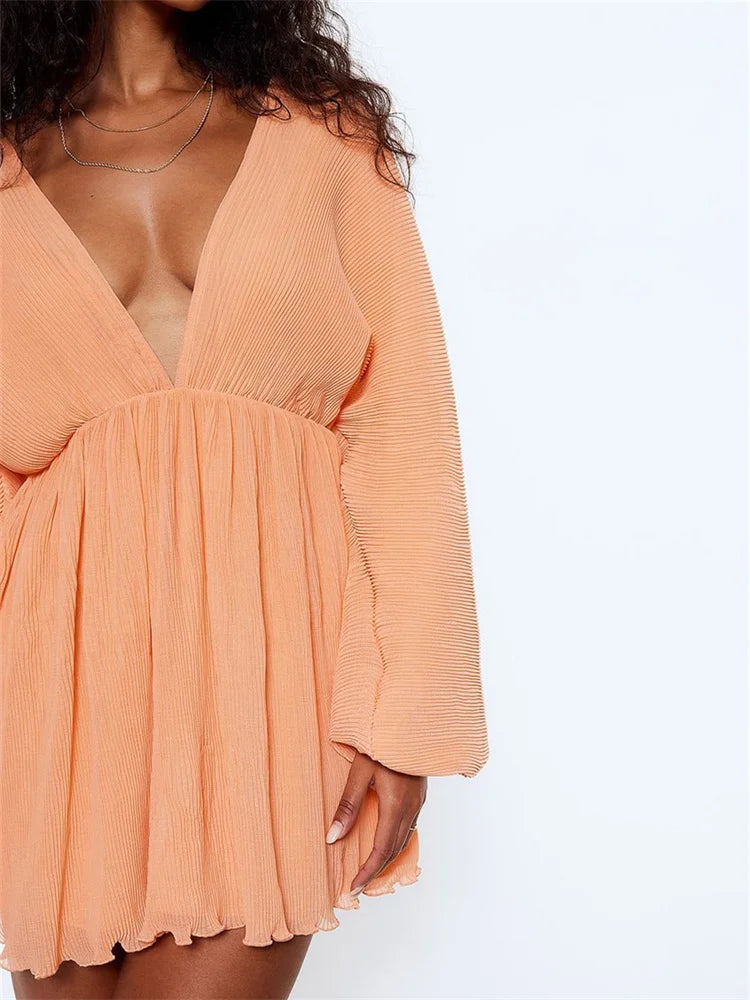 Autumn Long Sleeve Deep V-neck Party Mini Dresses Elegant Satin Mini Dress