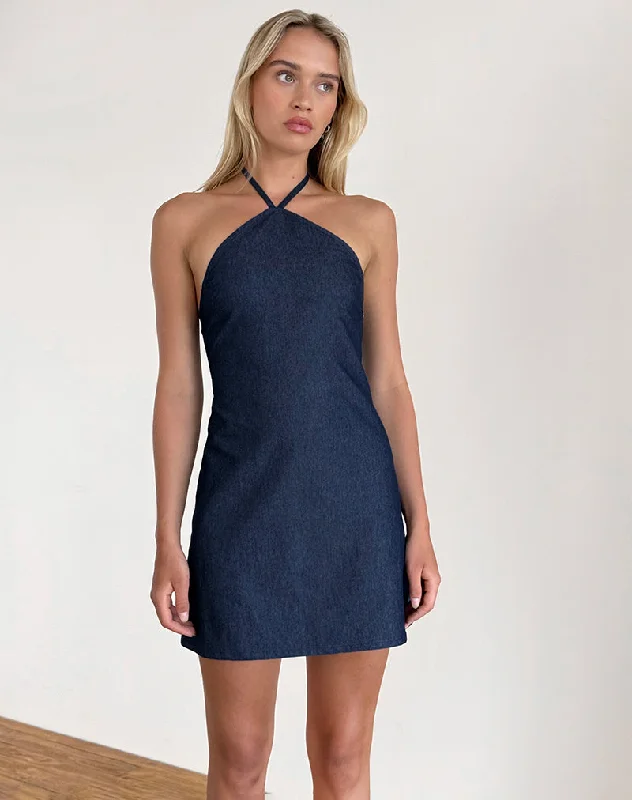 Belinda Halterneck Mini Dress in Denim Chambray Indigo Elegant Floral-Print Mini Dress Belinda Halterneck Mini Dress in Denim Chambray Indigo Elegant Floral-Print Mini Dress