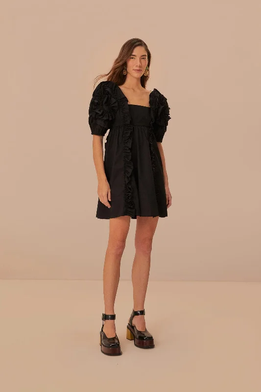 Black Ruffle Short Sleeve Mini Dress Fashionable Button-Front Mini Dress