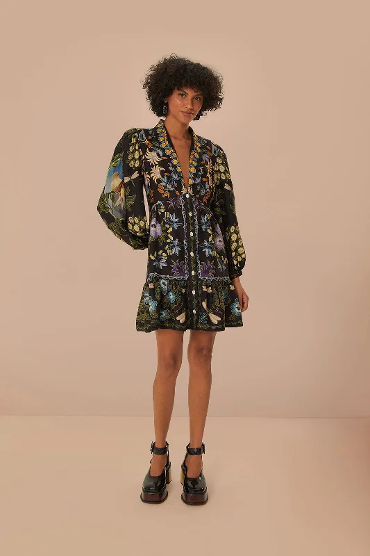 Black Winter Garden Mini Dress Long Sleeves Chic Pleated Mini Dress