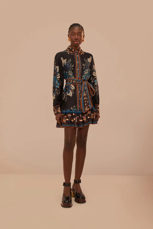 Black Blossom Tapestry LENZING™ ECOVERO™ Viscose Mini Dress Cozy Cowl Neck Mini Dress