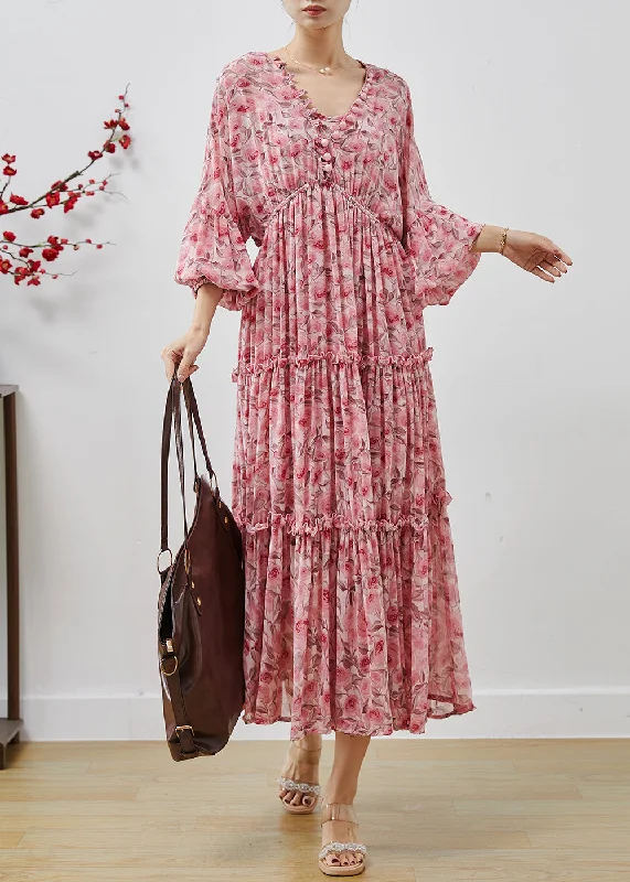 Bohemian Pink Ruffled Print Chiffon Maxi Dresses Lantern Sleeve AP1064 Comfortable Long-Sleeve Maxi Dress