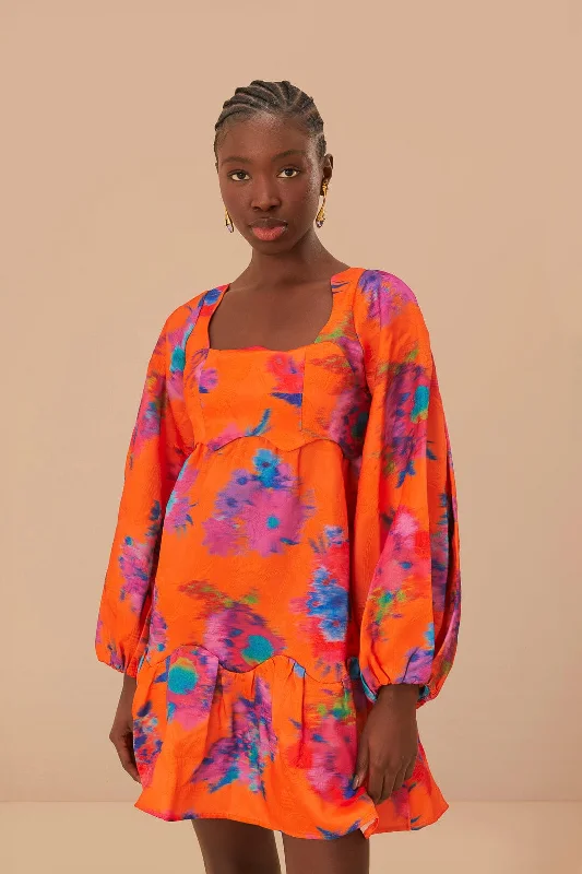 Orange Bouquet Ikat Brocade Mini Dress Trendy Off-Shoulder Dress Mini