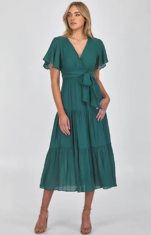 Butterfly Sleeve Shirred Waist Maxi Dress Trendy Button Front Maxi Dress