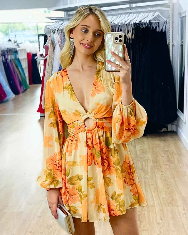Chloe Chiffon Mini Dress - Orange Floral Fashionable Off-Shoulder Mini Dress