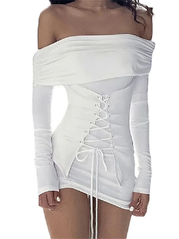 Criss-Cross Tie-Up Long Sleeve Mini Dresses Comfortable Boho Mini Dress