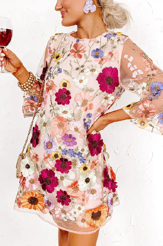 Dahlia Dreaming Embroidered Floral Applique Half Sleeve Mini Dress Trendy Tie-Dye Mini Dress