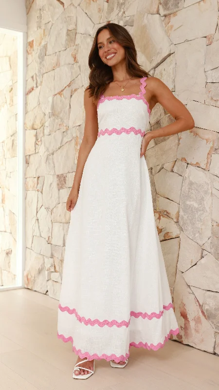 Daleyza Maxi Dress - White / Pink Chic Button-Up Maxi Dress