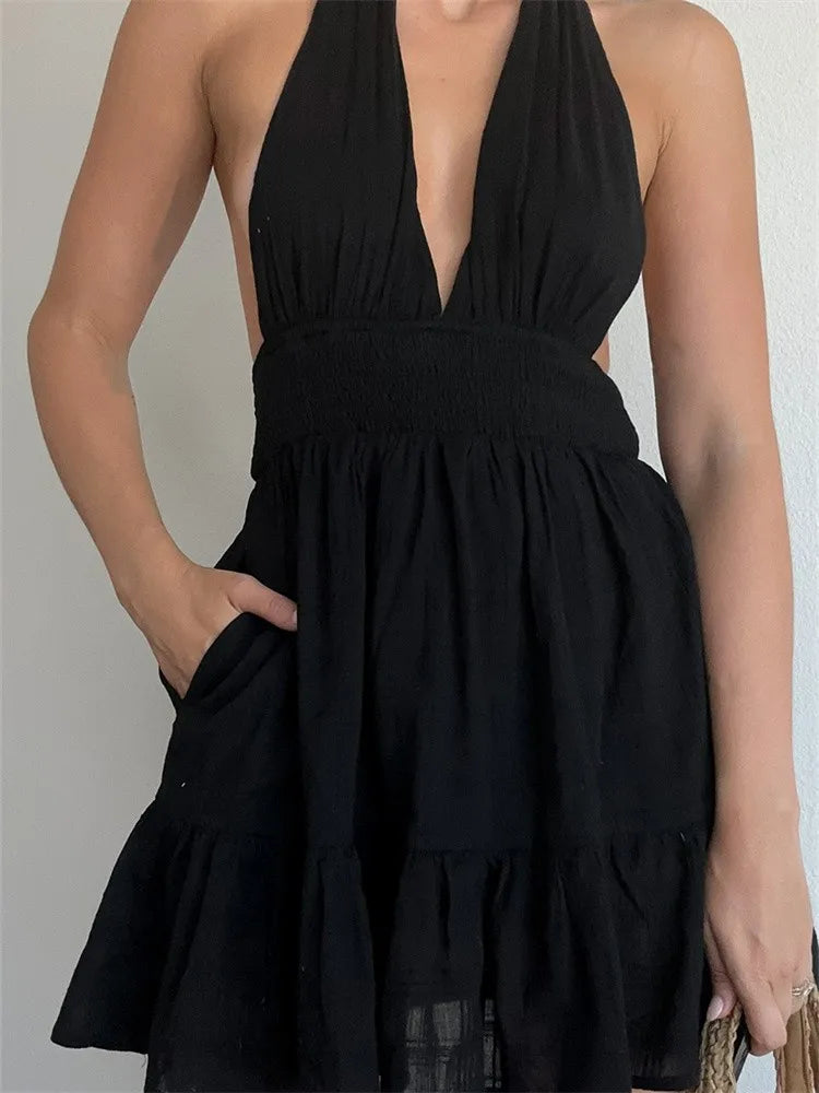 Deep V-neck Flirty Lace-Up Summer Party Mini Dresses Fashionable Polka Dot Mini Dress