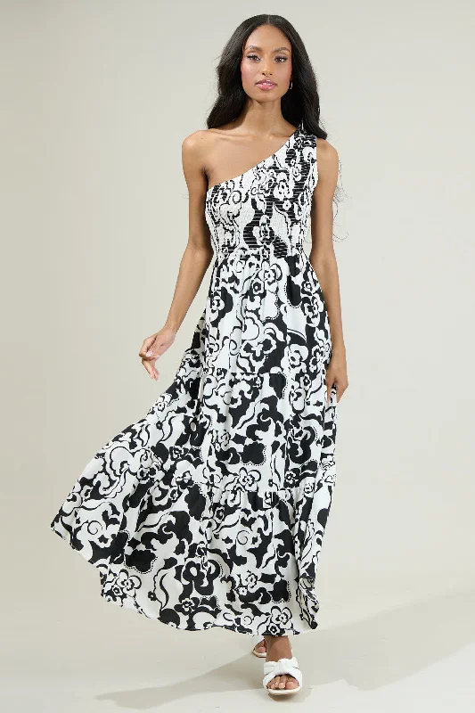 Del Mar Smocked One Shoulder Lys Maxi Dress Comfortable Ruffle Hem Maxi Dress