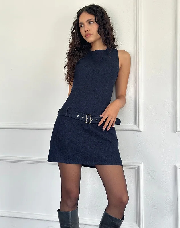 Dilshan Belted Mini Dress in Chambray Indigo Comfortable Smocked Mini Dress