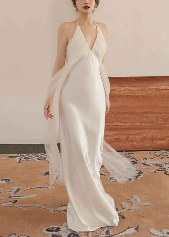Dinner White V Neck Tulle Patchwork Maxi Dresses Sleeveless ZL057 Comfortable Plunging Neckline Maxi Dress