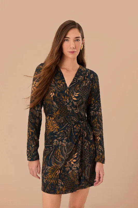 Teal Dotted Forest LENZING™ ECOVERO™ Viscose Wrap Mini Dress Trendy Cut-Out Mini Dress