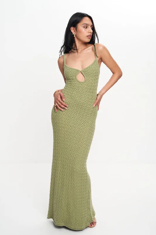 EFFIE KNIT KEY MAXI DRESS (SAGE) Stylish V-Neck Maxi Dress
