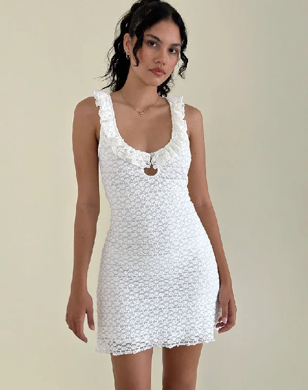 Elliana Mini Dress in Krisan Lace White Casual Mini Dress with Pockets