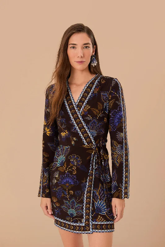 Brown Embroidered Garden LENZING™ ECOVERO™ Viscose Wrap Mini Dress Trendy Button-Detail Mini Dress