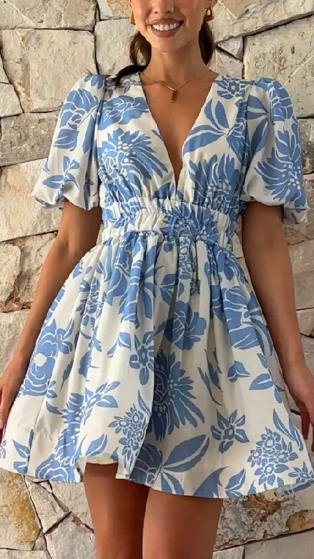 Erin Mini Dress - Blue Floral Classic White Mini Dress