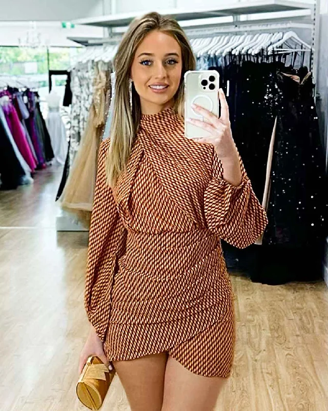 Estella Mini Dress - Rust Print Elegant Tulle Mini Dress