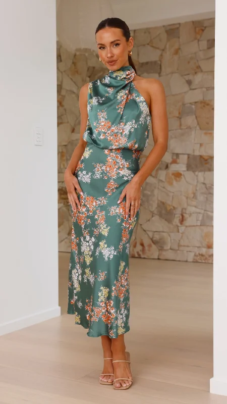 Esther Maxi Dress - Green Floral Stylish Pleated A-Line Maxi Dress