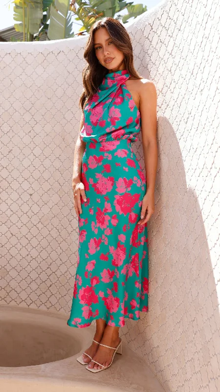 Esther Maxi Dress - Green / Pink Floral Cozy Cold-Shoulder Maxi Dress