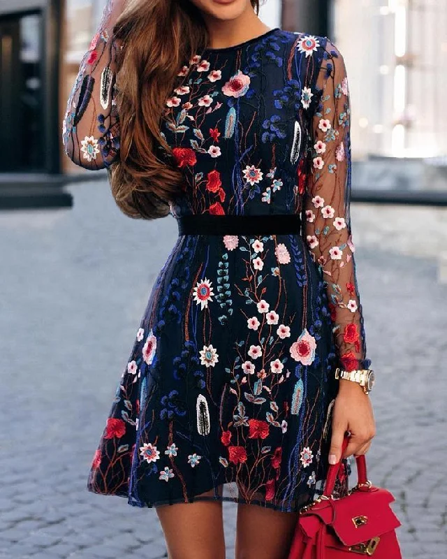FashionSierra - Floral Embroidery Mesh Sleeve Mini Dress Cozy Sweater Mini Dress