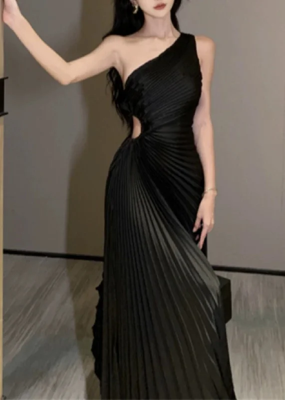 French Black Cold Shoulder Hollow Out Maxi Dress Summer EE041 Comfortable Maxi Dress with Slits