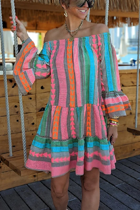 Friendly Shores Linen Blend Ethnic Print Off Shoulder Loose Mini Dress Fashionable Pleated Mini Dress
