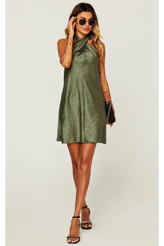FS Collection Leopard Print Halter Neck Back Detail Mini Dress In Olive Green Chic Pleated Mini Dress