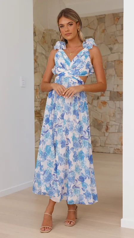 Galilhai Maxi Dress - Blue Floral Comfortable Ruffle Hem Maxi Dress
