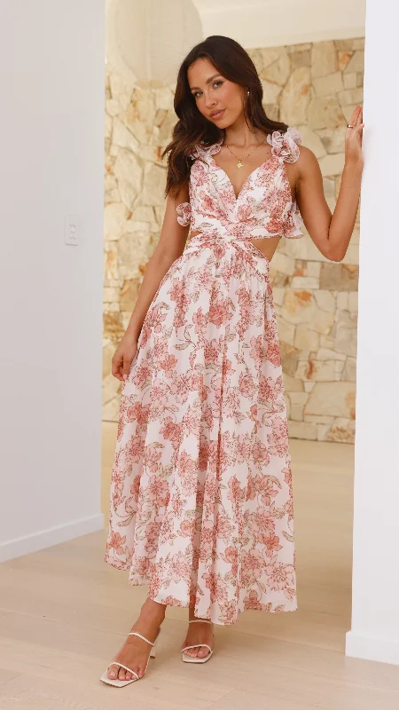Galilhai Maxi Dress - Peach Floral Chic Off-Shoulder Maxi Dress