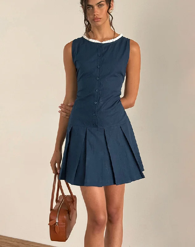Gitas Button Mini Dress in Poplin Navy Casual V-Neck Mini Dress