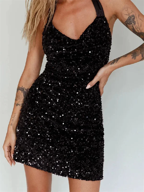 Glitter Halter Party Sexy Sequined Tie-Up Mini Dresses Elegant Tulle Mini Dress