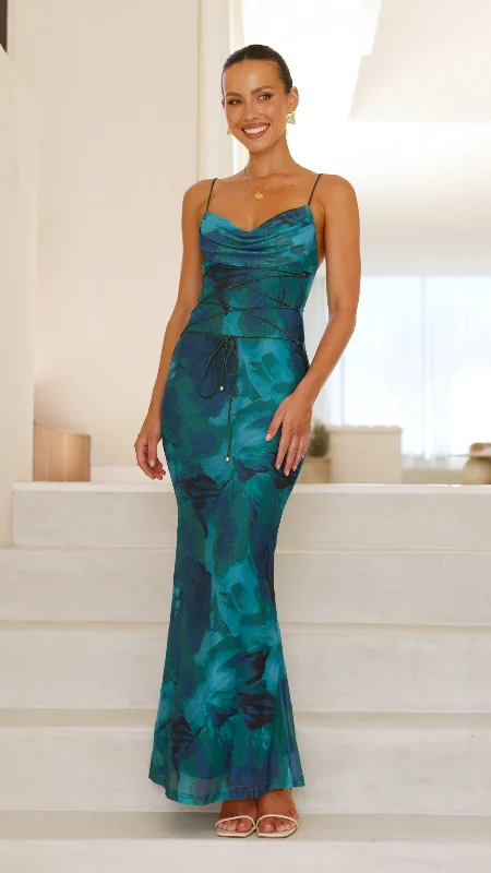 Hanne Maxi Dress - Green Print Stylish Maxi Dress with Pleats
