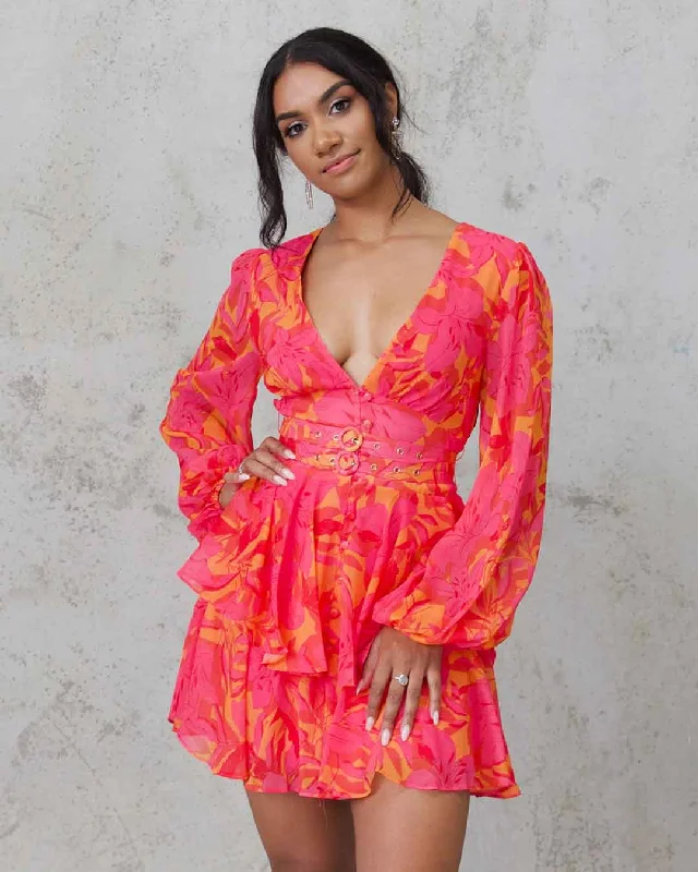 Harlow Chiffon Mini Dress - Pink Floral Casual V-Neck Mini Dress